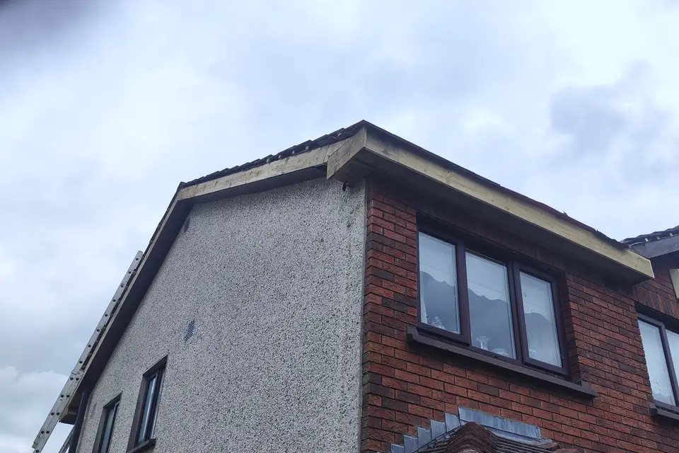 New black fascia and gutter on a red brick and render house