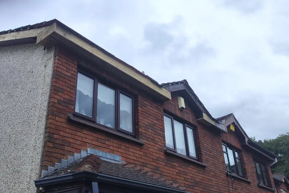 Black fascia and gutters fitted along a terrace of houses
